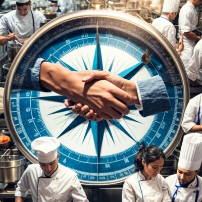 Image of commercial kitchen workers and a compass with a handshake superimposed