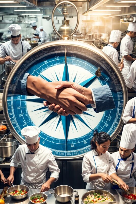 Image of commercial kitchen workers and a compass with a handshake superimposed
